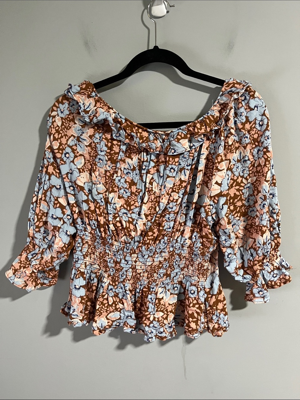 Free People Sweet Memories Brown Blue & Blush Floral Print Ruffle Blouse - Picture 4 of 5